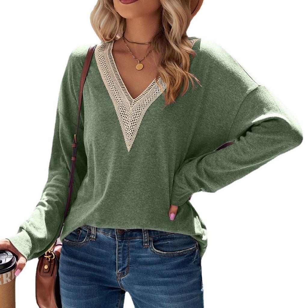 2024 European And American New Autumn And Winter Long Sleeved Lace V-Neck Solid Color Loose Brushed Base T-Shirt For Women