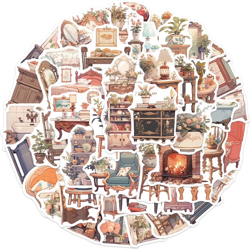 50 Vintage Furniture Stickers Personalized Decorative Guitar Notebook Suitcase DIY Waterproof Stickers