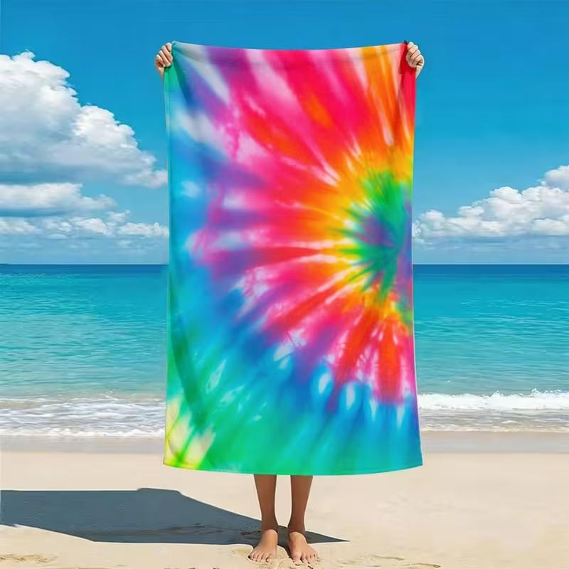 Summer Rainbow Tie-Dye Beach Towel Colorful Gradient Radial Art Print Soft Absorbent Quick Dry Towel for Beach Use