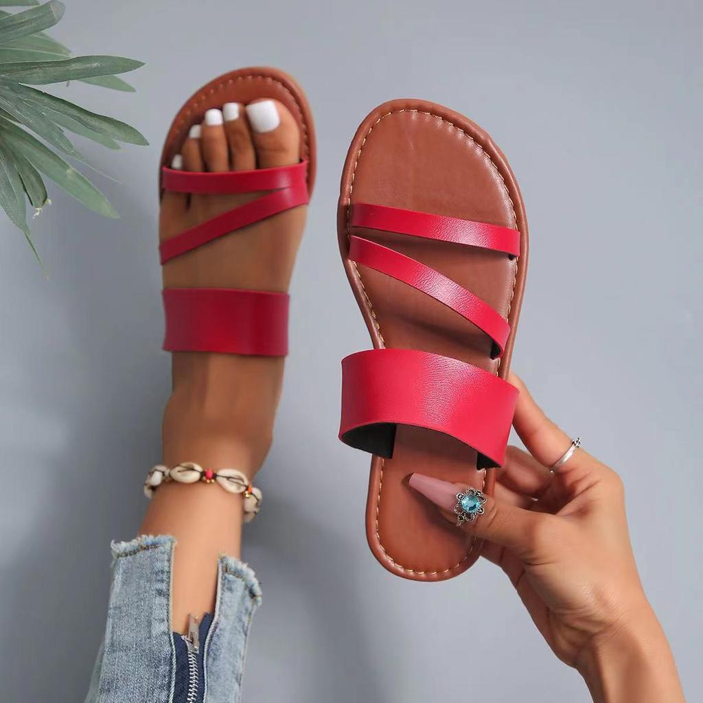 2024 spring and summer new foreign trade large size sandals flat beach shoes outside casual one-word drag European and American sandals