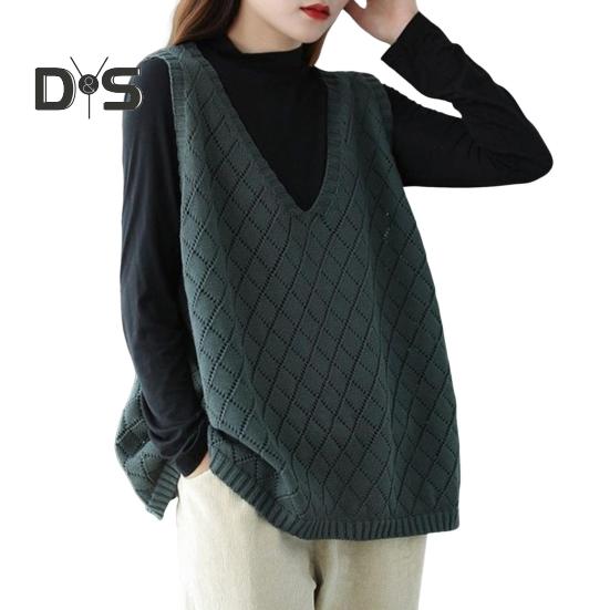 Весна Осень Женский Жилет Вязаный Свитер Ретро V-образный Вырез Свободный Без Рукавов Однотонный Пуловер Ажурный Ромбовидный Текстурный Топ Повседневная Одежда
