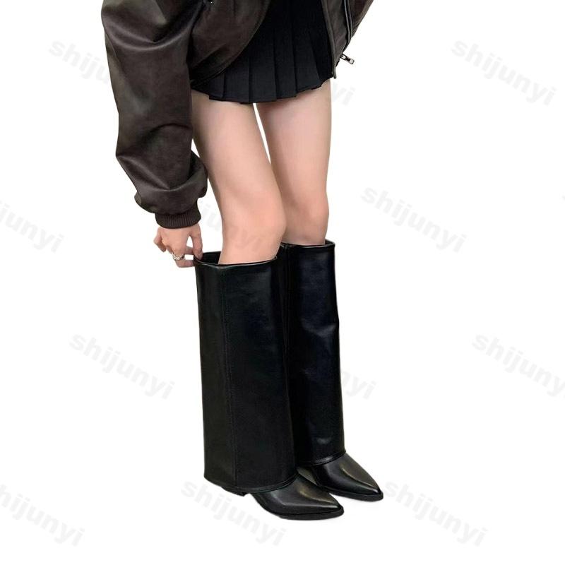 Остроносые толстые каблуки, брюки, сапоги, 2024, новые осенне-зимние женские винтажные ковбойские сапоги до колена на высоком каблуке в стиле вестерн, женские