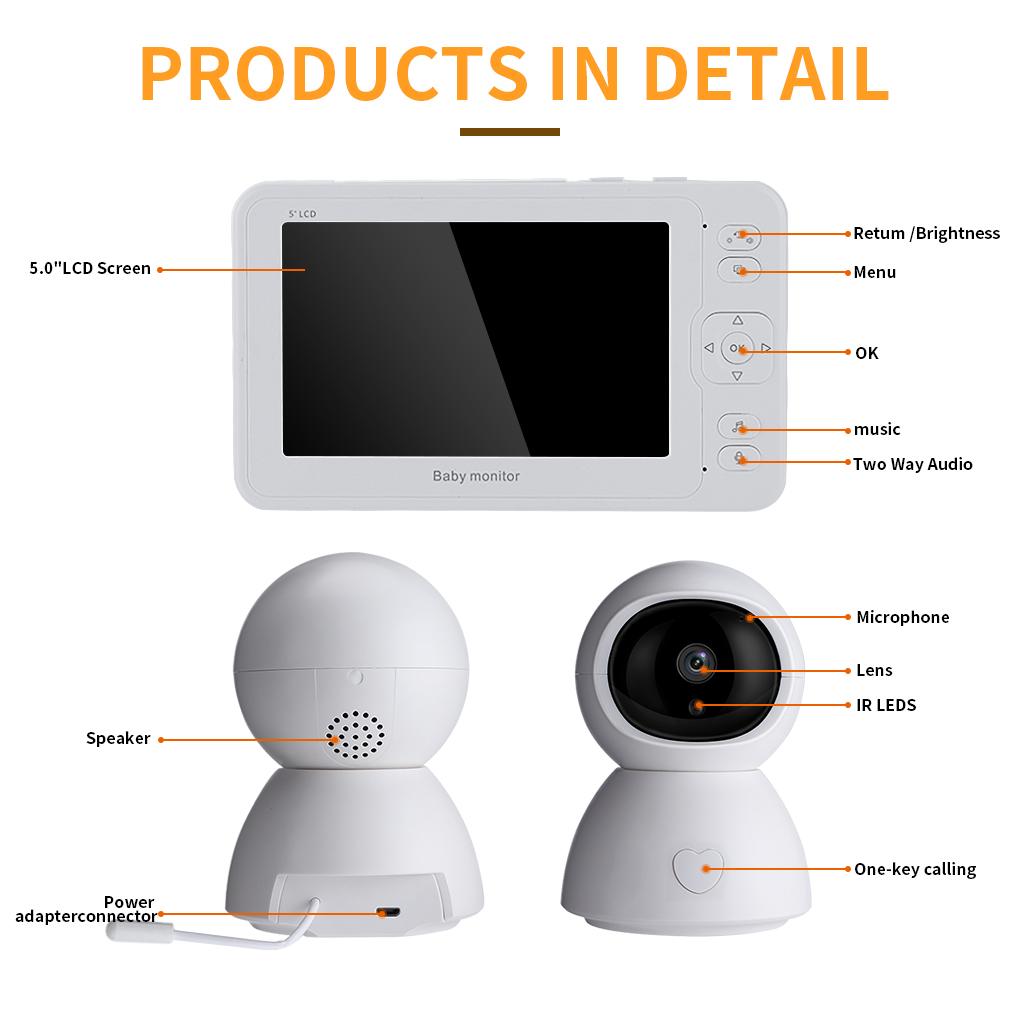 1080P HD Baby Security Camera Wireless Video 2 Ways Audio Automatic Night View Camera 5.0Inch Display