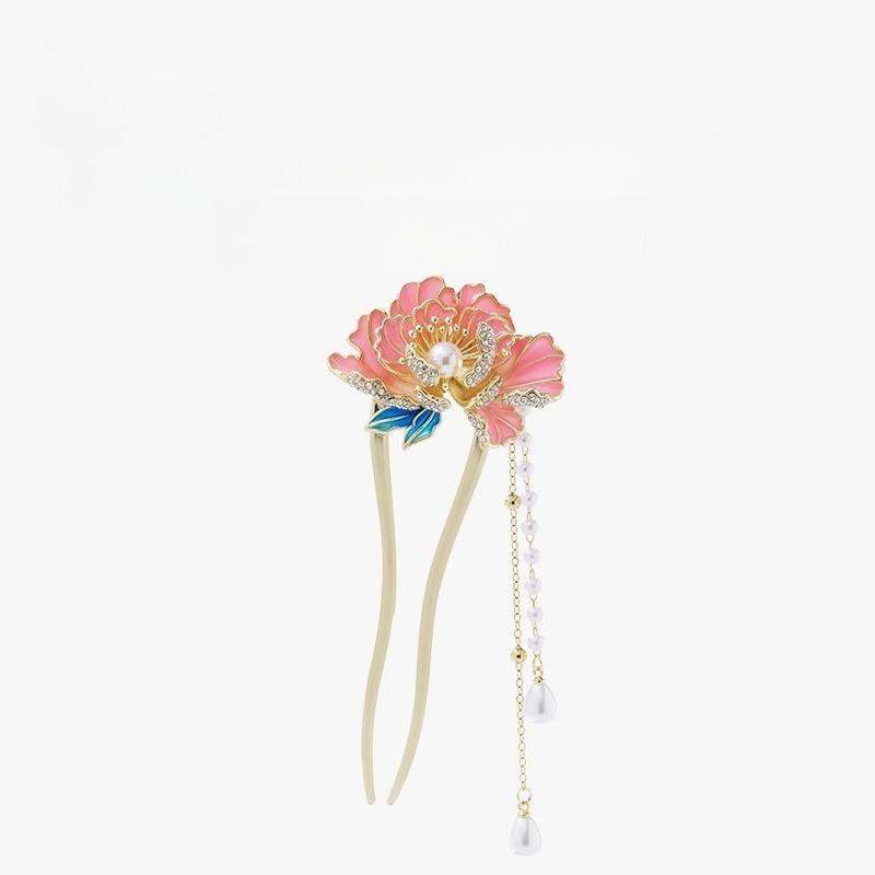 Peony Hairpin Tassel Hair Stick U Shape Hair Clip Chinese Style Ornament for Women Daily Hair Decoration Hairbows for Girls