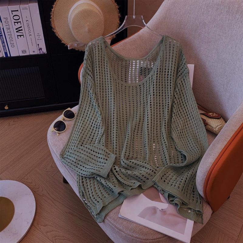 Женский летний кардиган ажурной вязки - Свободный, Приталенный, Защита от солнца, Круглый вырез, Длинный рукав, Универсальный топ.