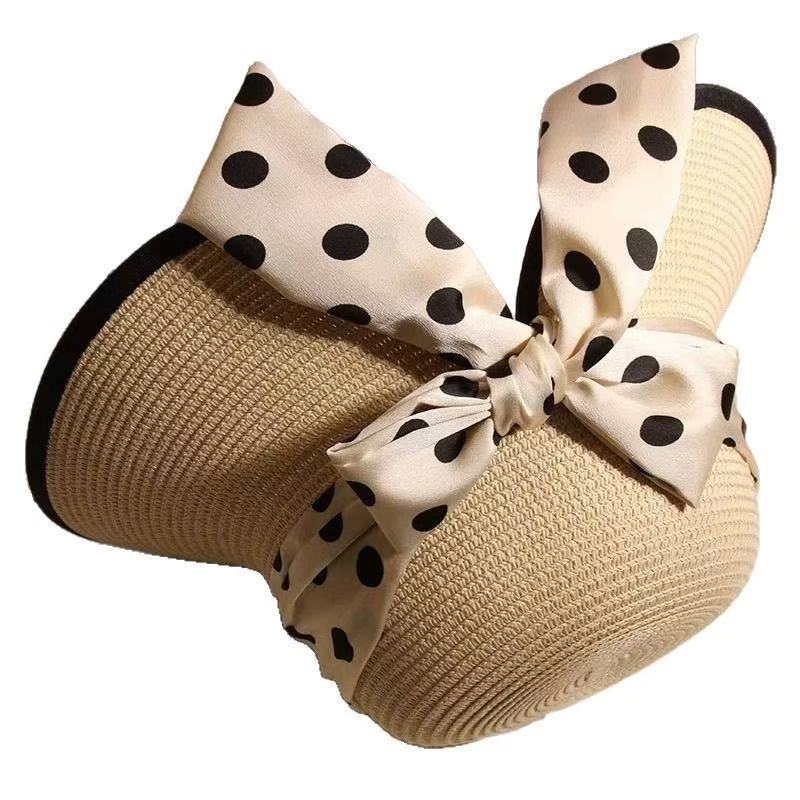 Fairy wind polka dot bow straw hat female summer outing straw weaving sunscreen visor sweet beach fisherman basin hat