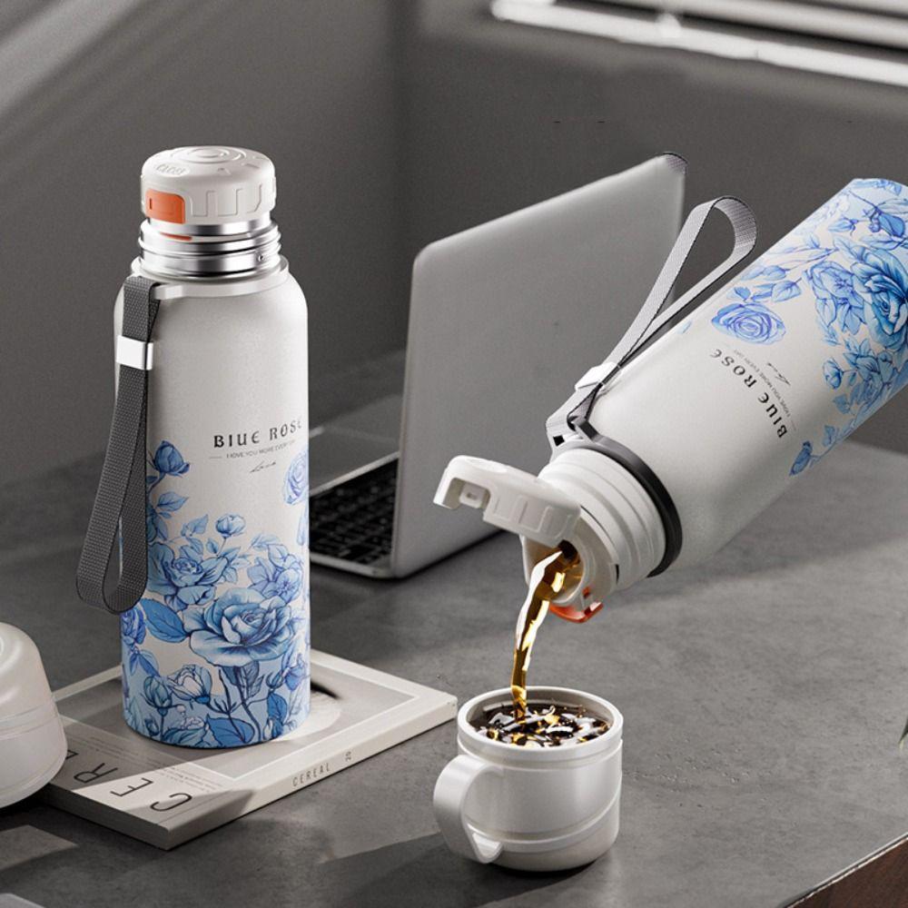 Stainless Steel Travel Mug 620ml Thermal Cup Portable Flower Pattern Thermos Bottle  Outdoor