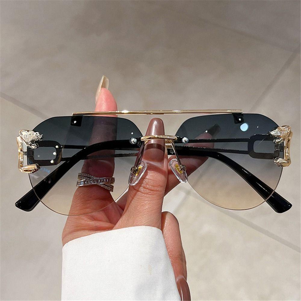 Fashion Rimless Cheetah Decor Sunglasses Gradient Uv400 Double Bridge Sun Glasses Eyewear For Women & Men
