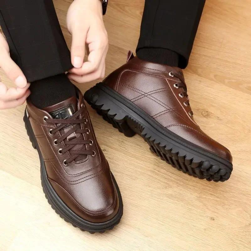 Кожаные шерстяные мужские хлопковые туфли с плюшевой подкладкой, туфли из натуральной коровьей кожи, высокие толстые подошвы, нескользящие зимние ботинки