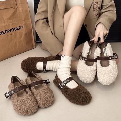 Универсальные теплые туфли Мао Мао новые туфли Дуду женские с пряжкой классические хлопковые туфли низкие однословные зима 2025 верхняя одежда на одной педали