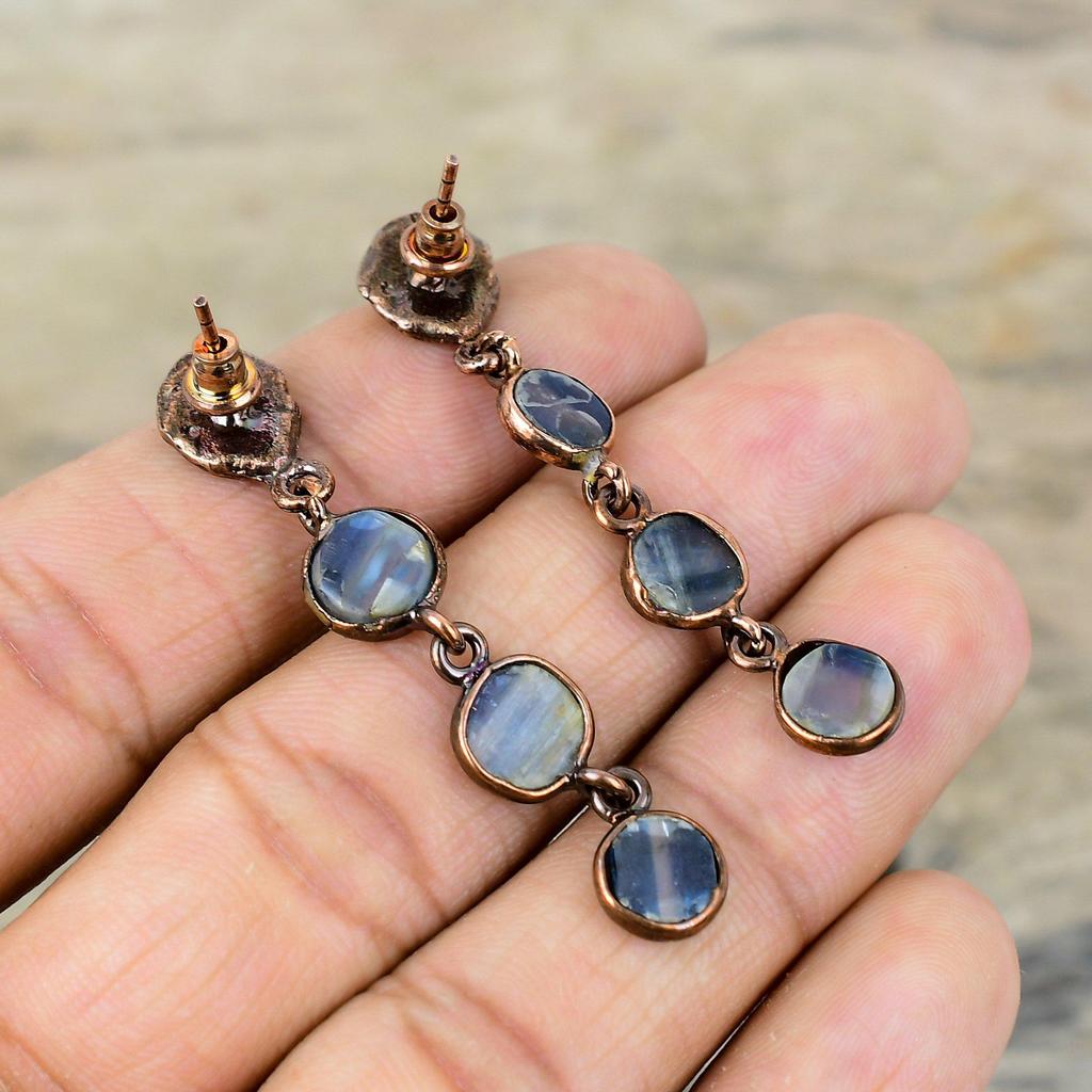 Серьги с кианитом, серьги из гальванической меди, ювелирные изделия ручной работы с кианитом, серьги из настоящего драгоценного камня, серьги из гальванической меди, ювелирные изделия, серьги для подарка