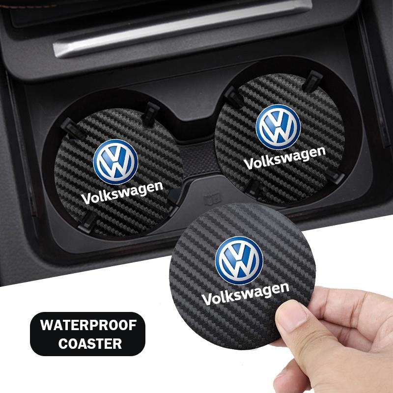 For VW 2Pcs Car Interior Leather Coaster Anti-noise Water Cup Pad For VW Golf Polo Tiguan Touran Jetta Passat CC T5 GTI Magotan T-Cross