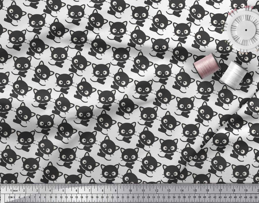 Soimoi Japan Crepe Satin Fabric Cat Cartoon Print Fabric by metre 42 Inch