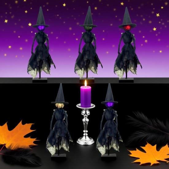 Halloween Witch Decoration Light Up Witch Figurine Spooky Witch Ornament with Glowing Face for Mantel Tabletop Shelf Decor