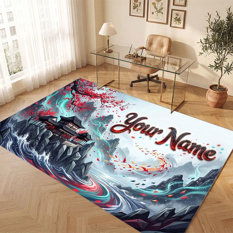 Mountain Landscape Theme Crystal Velvet Floor Rug Personalized Custom Name Text Warm Carpet Home Decoration