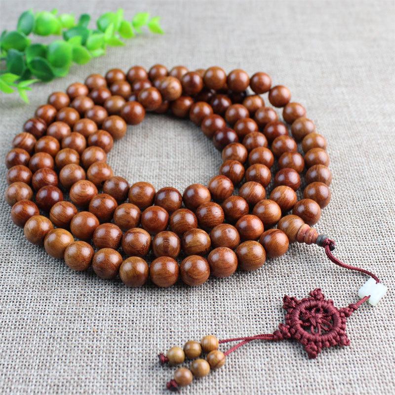 Браслет из буддийских четок из бирманского палисандра: 108 больших бусин из красного сандалового дерева и желтого палисандра