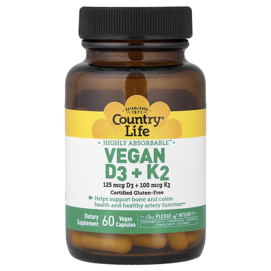 Country Life, Веганский D3 + K2, 60 вегетарианских капсул