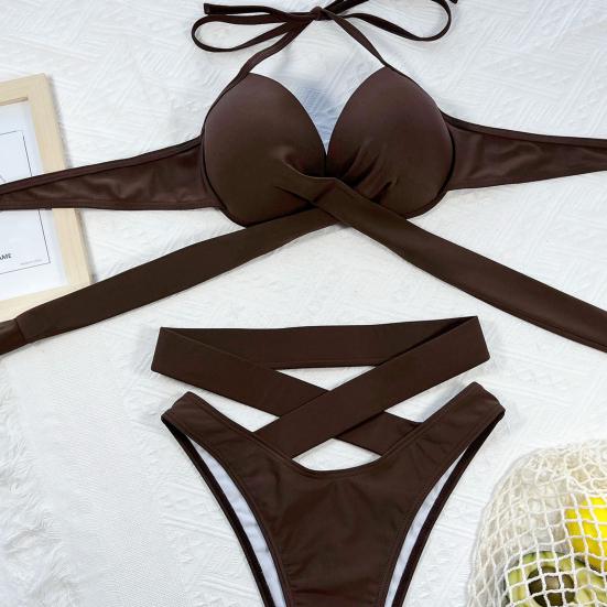 2 Pcs/Set Bathing Suit Solid Color Padded Cross Strap Swimwear Set Spa