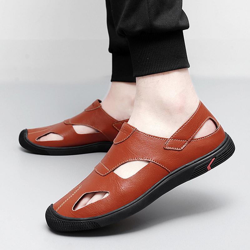 Простые кожаные уличные туфли, дышащие мужские повседневные сандалии, мягкая подошва, дырчатые туфли, сверхлегкие мокасины, ажурные стильные лоферы