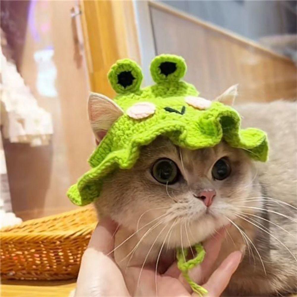 Winter 2023 Warm Elastic Crochet Cat Hat Frog Hat Pet Cap for Party Photo Props