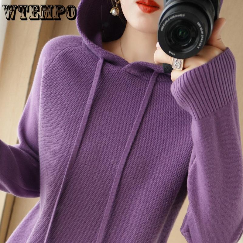 Трикотаж с капюшоном, женский однотонный свободный свитер, повседневный вязаный свитер с длинным рукавом, толстовка с капюшоном, осень/зима