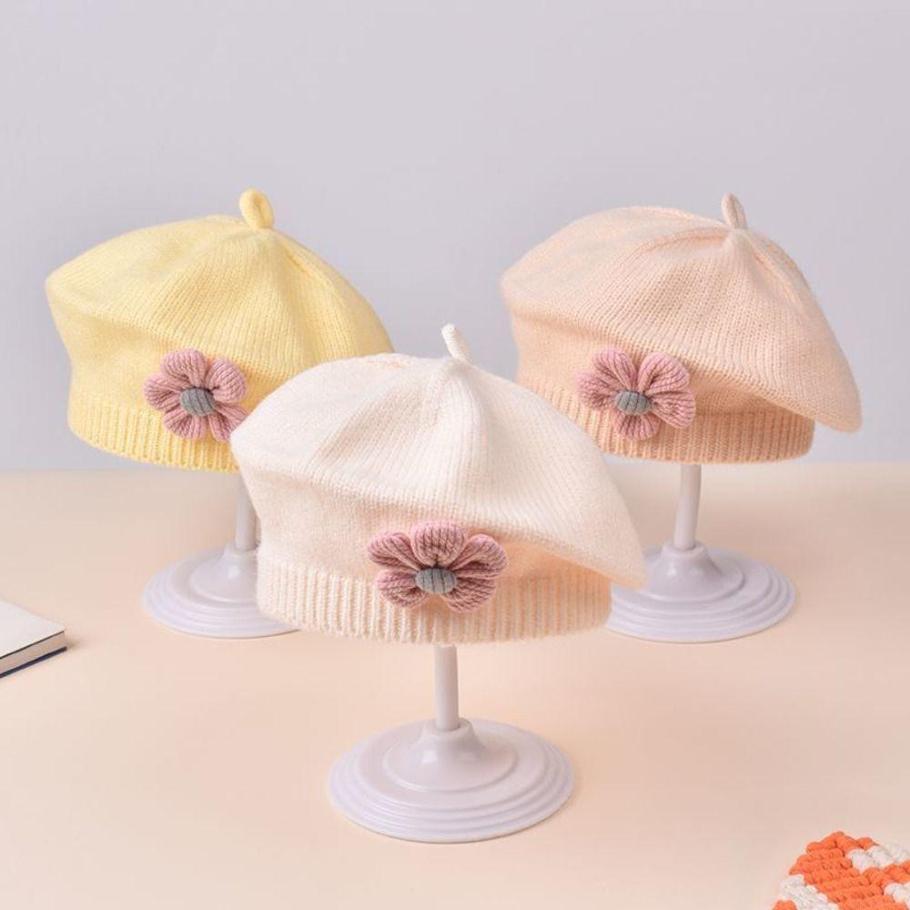 Korean Baby Beret Hat Flower Baby Knitted Hat New Artist Painter Caps For Infant Girls