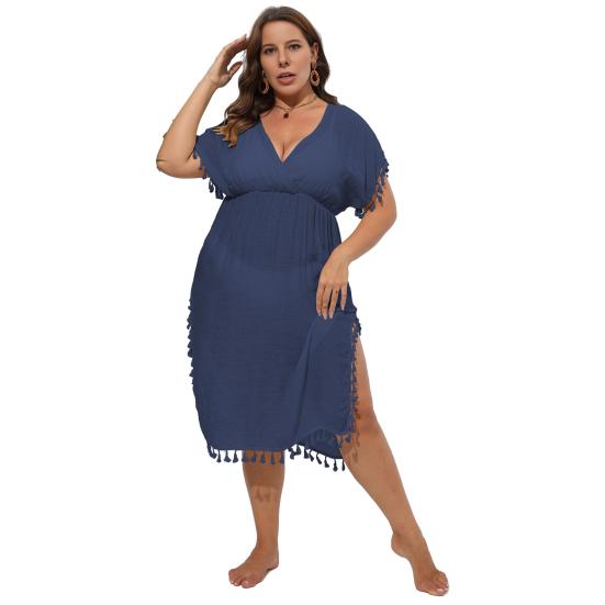 Women Bikini Cover Up Dress Solid Color V-Neck Short Sleeve Elastic High Waist Tassel Patchwork Cover Up Dress
