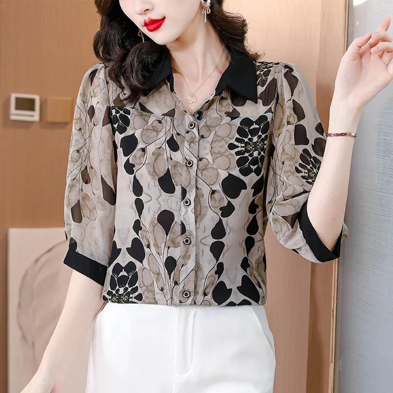 Женская шифоновая рубашка с принтом и рукавом три четверти, летний новый стиль, рубашка средней длины для женщин, омолаживающий стиль и стиль