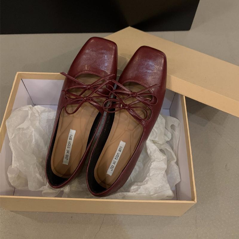 Сладкие туфли Мэри Джейн с двойным бантом для женщин, Новые 2024, с квадратным носком, на плоской подошве для платья, Женские красные туфли с мягкой подошвой, Zapatos