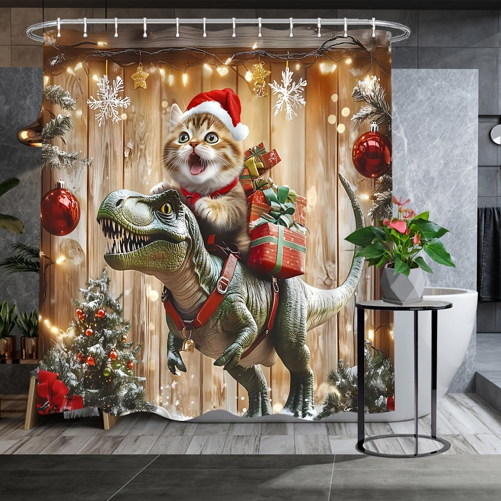 Рождественский кот на тираннозавре занавеска для душа - Праздничный полиэстеровый декор для ванной с шапкой Санты, снежинками и праздничными огнями