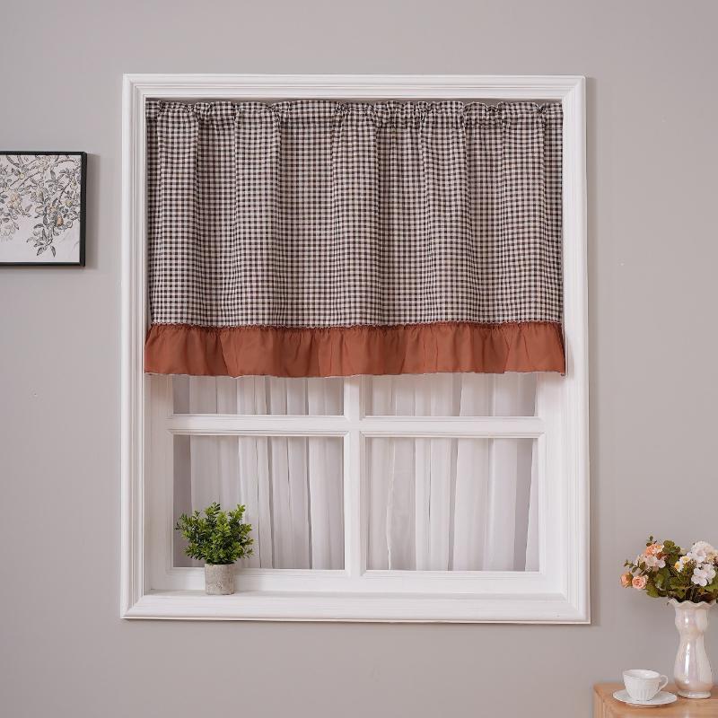 Window Valance Plaid with Ruffle Rustic Short Coffee Curtain Farmhouse American Style Rod Pocket 150x60cm Retro Half Curtains