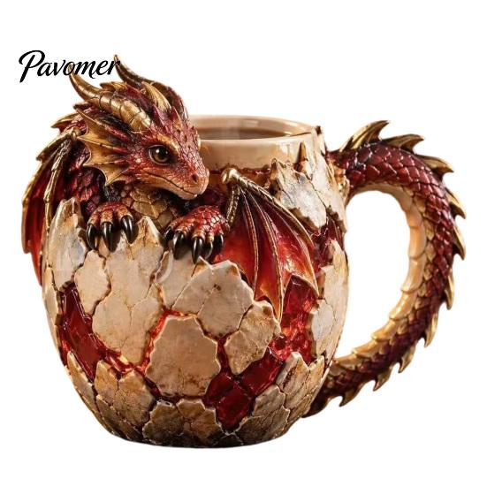 Detailed Baby Dragon Sculpture Fantasy Egg Mug, Stainless Steel Liner 3D Relief Handcrafted Magical Tea Mug Coffee Cup, Realistic Resin Desktop