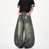 Vintage Washed Distressed Cuffed Straight Leg Jeans Men Women Loose Wide Denim Pants 2025