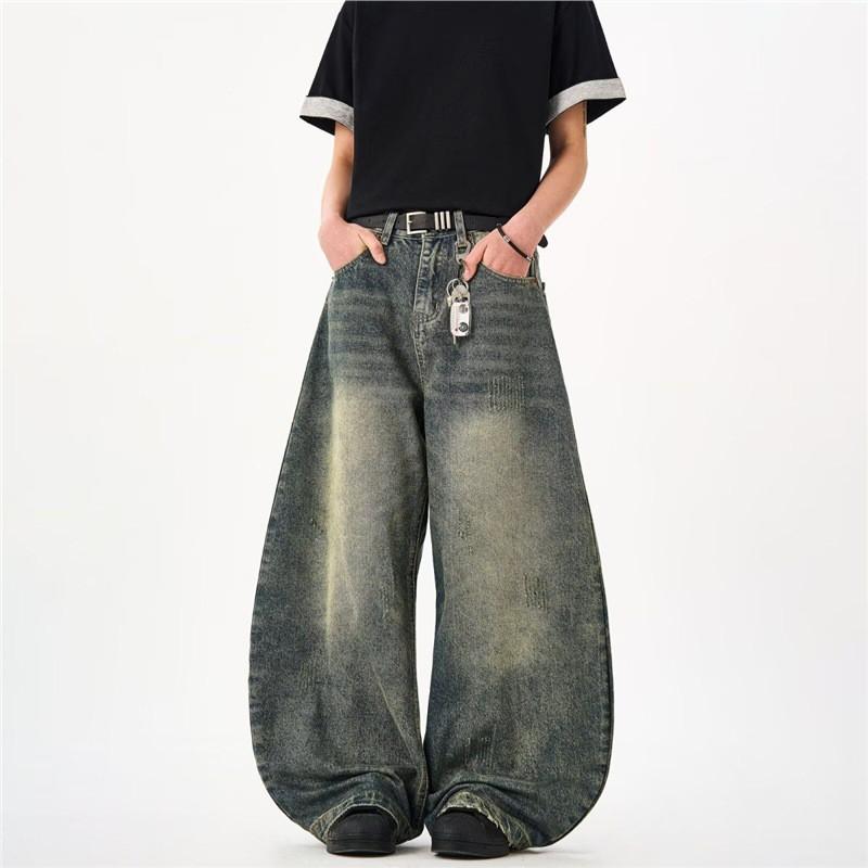 Vintage Washed Distressed Cuffed Straight Leg Jeans Men Women Loose Wide Denim Pants 2025