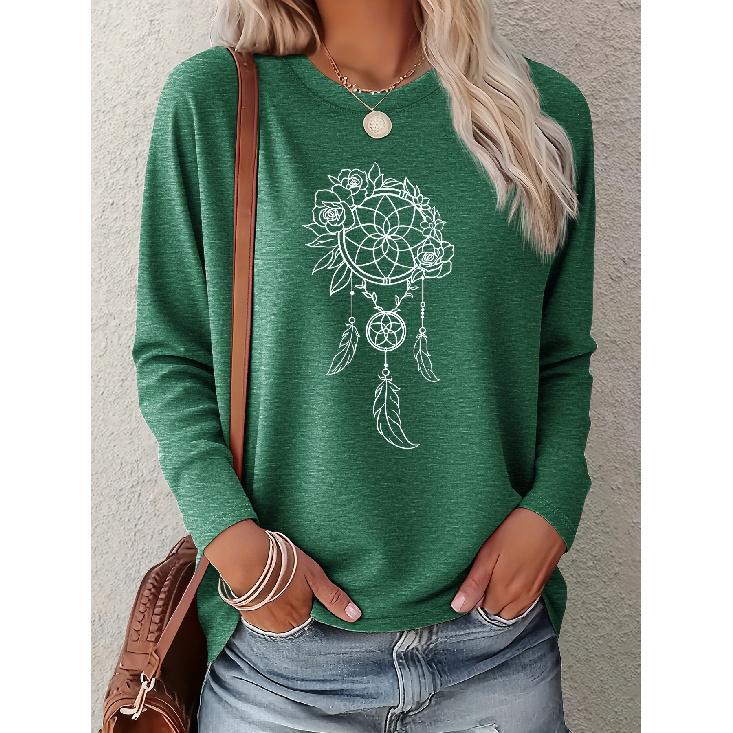 Floral Dreamcatcher Pattern Women's Casual Printed Elegant Long Sleeve fashion vintage beautiful party women's clothing A cute round-neck top,