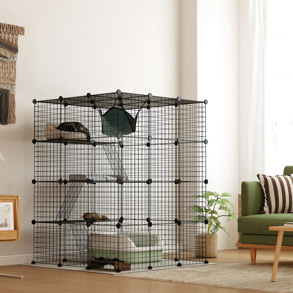 Steel Wire Cat Cage Indoor with Hammock, Ramps, Doors, DIY Cat Enclosure for 1-3 Cats, Black
