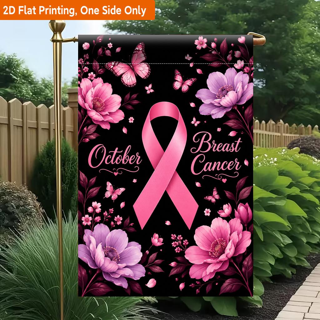 2D Flat, 2D Flat Printing Garden Flag 1pc, October Breast Cancer Awareness Durable Single-Sided Print Yard Flag, Garden & Home Holiday Decoration, 29.