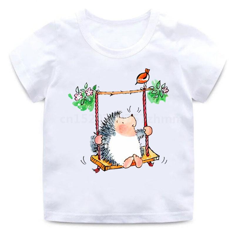 Детские футболки с милым ежиком и животным, забавная забавная футболка для маленьких мальчиков, детские летние топы с короткими рукавами, одежда для девочек