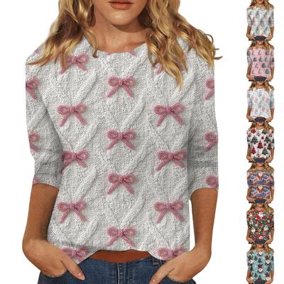 Женская модная повседневная футболка с рукавом три четверти и рождественским принтом, с круглым вырезом