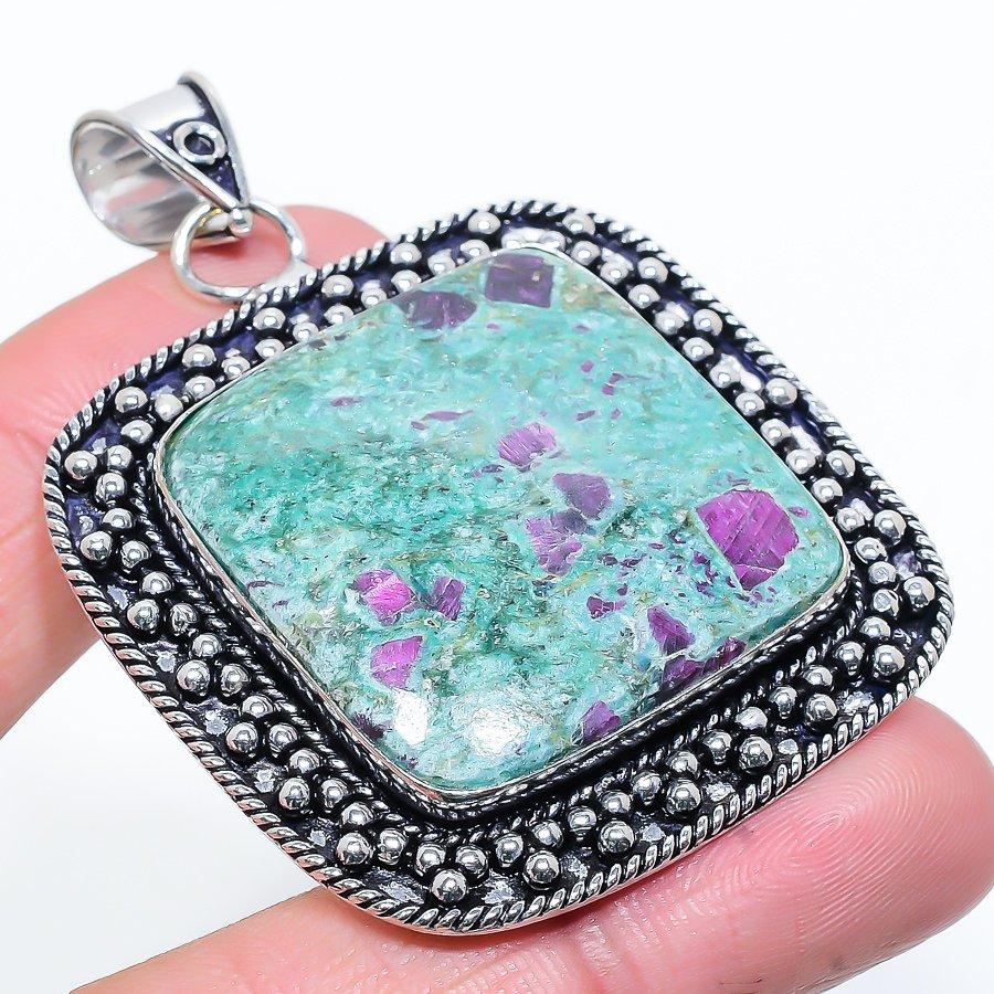Ruby Fuchsite Lab-Created Handmade 925 Sterling Silver Pendant 2.56" Z9w55