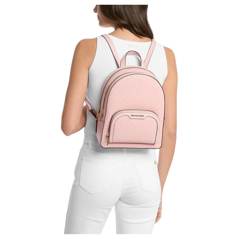 MICHAEL KORS Jaycee Brand Print Gold Hardware Faux Leather Backpack Medium Women's Light Pink