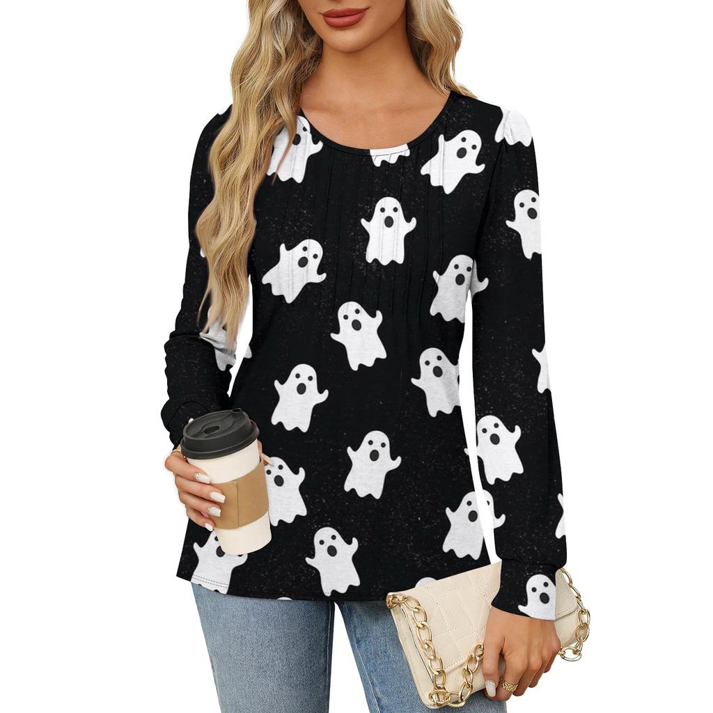 Long Sleeve Shirts For Women Cute Print Graphic Tees Blouses Dressy Casual Blouses Pleated Scooped Neck Tunic Tops Halloween