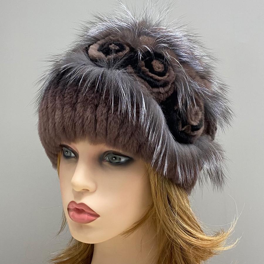 Цветочная меховая шапка из кролика Зимняя женская модная стильная теплая шапка из натурального меха