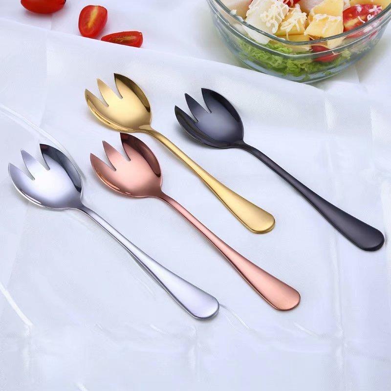 2PCS Gold Salad Spoon Fork Stainless Steel Cutlery Set Serving Spoon Set Colorful Unique Spoons Kitchen Utensils