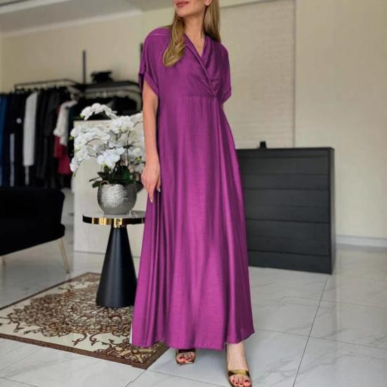 Весеннее женское платье с V-образным вырезом и коротким рукавом, свободное, трапециевидное, чистого цвета, длиной до щиколотки