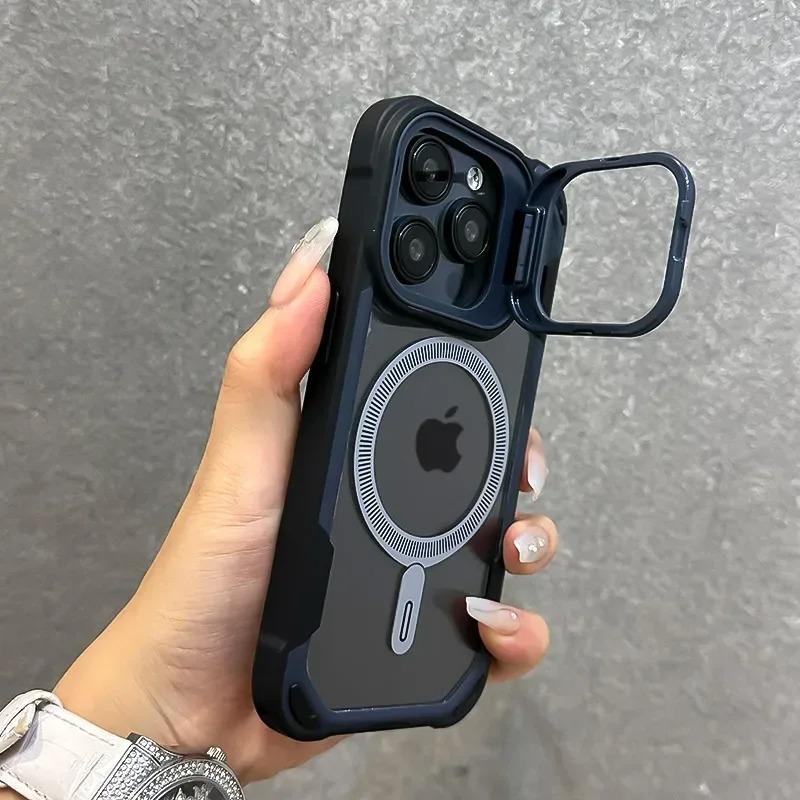 Luxury Contrast Color Armour Magnetic Phone Case For 17 16 15 14 13 12 Pro Max 11 Folding Lens Holder For Magsafe Cover