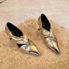 Huge Look~! 5CM Cross with Pointed Tip Hollow Pleated Single Shoes Women's Gold Retro Inner Heel Small Leather Shoes