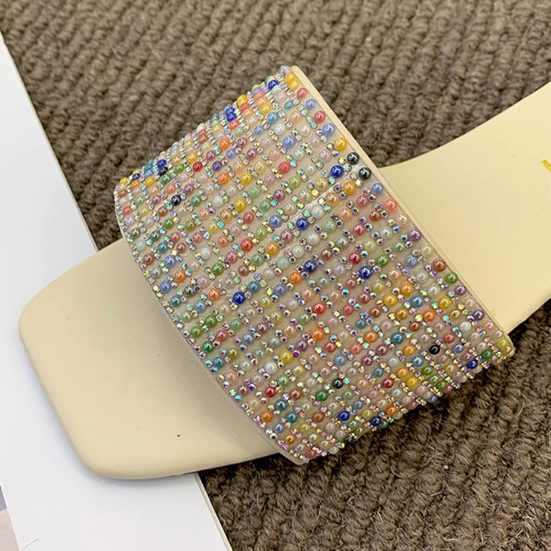 Rimocy модные женские летние шлепанцы с квадратным носком и жемчугом, сандалии на плоской подошве, женские уличные пляжные шлепанцы, повседневная обувь, большие размеры