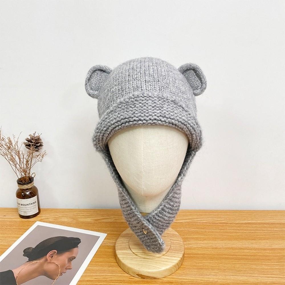 Cute Warm Beanie Hats Y2k Ear Protection Cap Fashion Bear Ear Knitted Cap  Streetwear