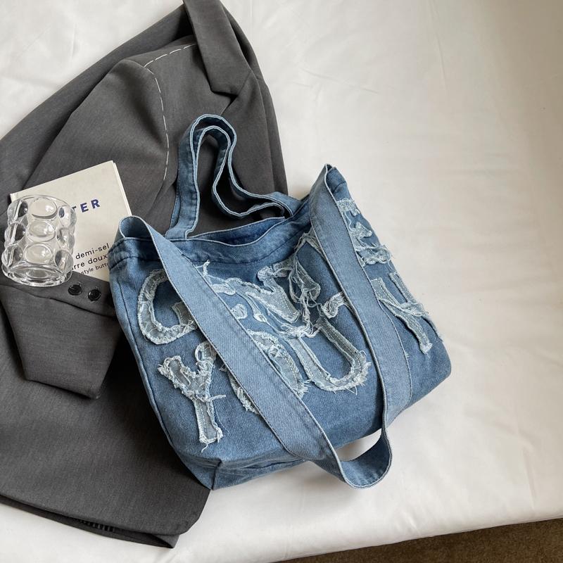 Джинсовая сумка-тоут, женская сумка через плечо с буквенным принтом, большая вместительная портативная сумка через плечо